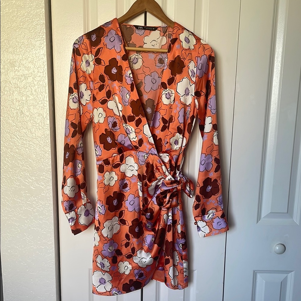 Zara Orange Mini Dress with Floral Print and Wrap Style